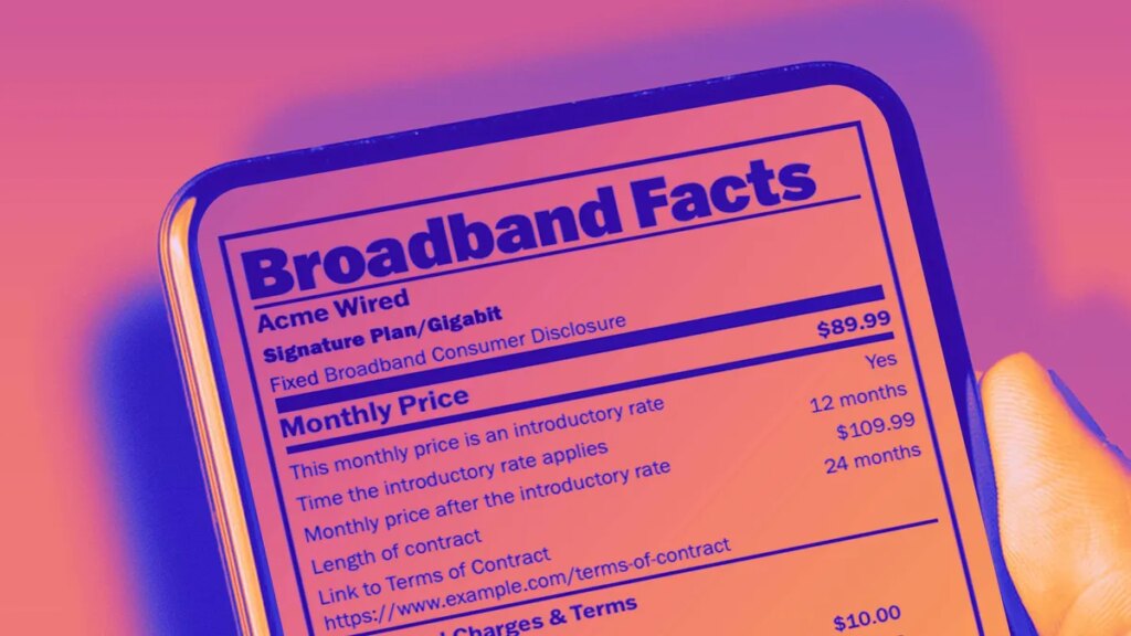 Internet Pricing Is About to Get a Lot Less Transparent FCC broadband consumer label on a phone colorized in pink and purple