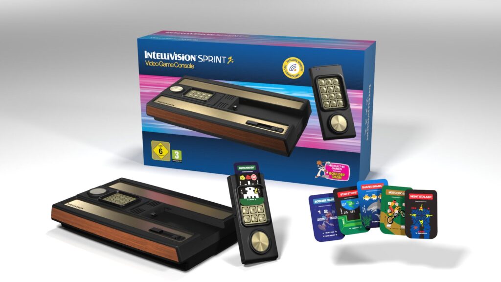 Atari Intellivision Sprint console shown with box and game controller overlays