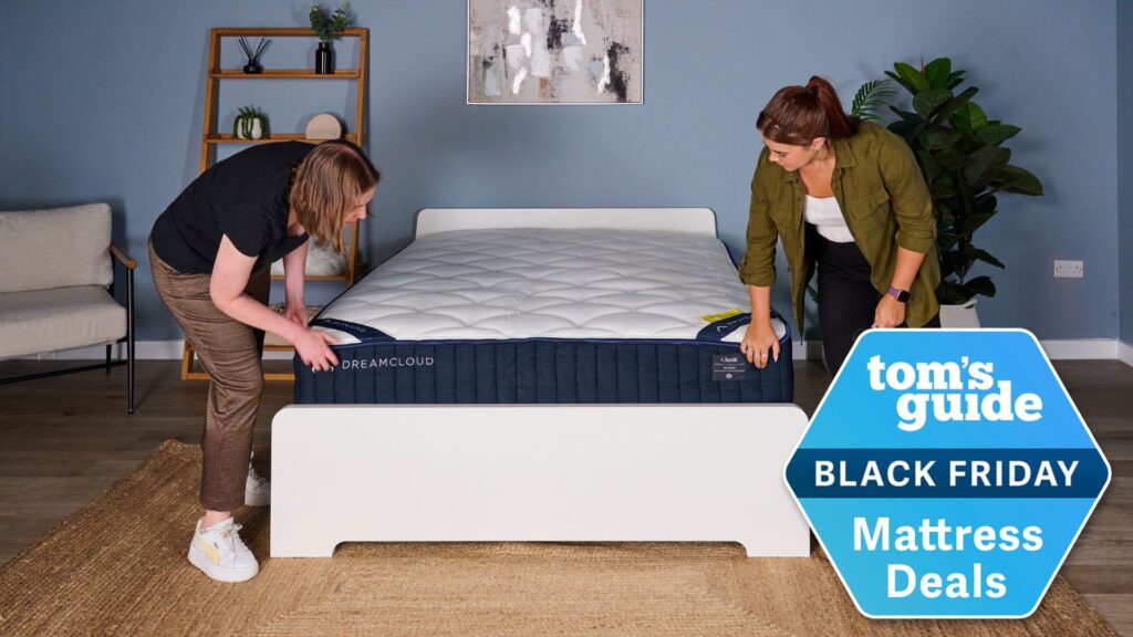 Three alternatives for Ritz-Carlton mattress to shop this Black Friday Testers inspect the newly unboxed DreamCloud Classic mattress, with a Tom's Guide Black Friday Mattress Deals badge overlaid