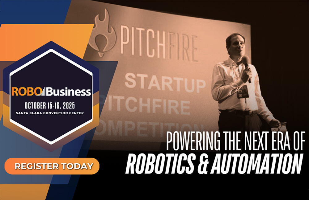 Your guide to Day 2 of RoboBusiness 2025 A promotional image for RoboBusiness that says," Powering the Next Era of Robotics and Automation." The Pitchfire startup competition is on Day 2 of the event.