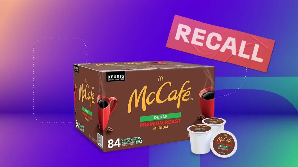 If You Drink Decaf, Read This: More Than 80,000 Keurig Pods Recalled A box of McCafe Premium Roast Decaf Keurig pods with a purple and blue background