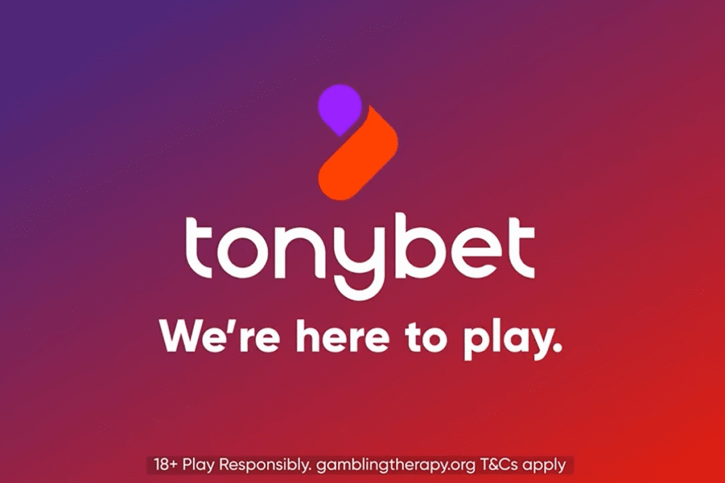 ASAI upholds complaint against TonyBet ad YouTube Irish watchdog bans TonyBet YouTube ad over misleading gambling income claims. TonyBet logo centered on a purple-to-red gradient background with the slogan “We’re here to play.” and small text below reading “18+ Play Responsibly. gamblingtherapy.org T&Cs apply”.