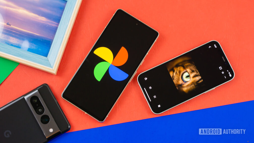Google Photos works to expand collage templates into categories Google Photos logo on smartphone next to other devices and picture frame Stock photo 3