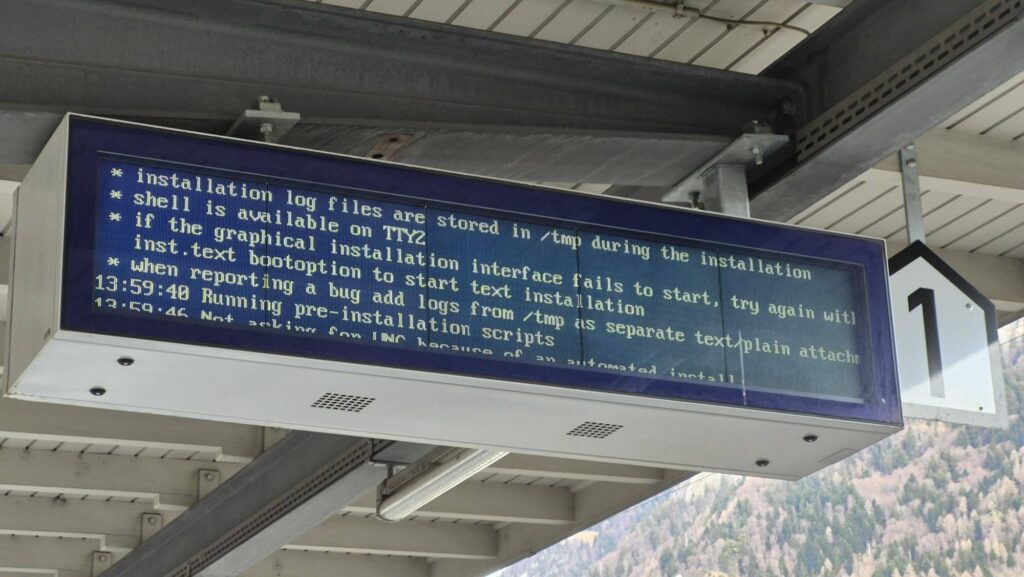 Penguin-powered platform board keels over at Alpine station • The Register Swiss train platform information screen showing Linux boot error