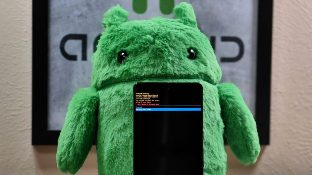 Samsung is apparently gutting the Android Recovery menu on Galaxy Phones Photo of a Pixel 7 Pro in recovery mode in front of an Android plushie