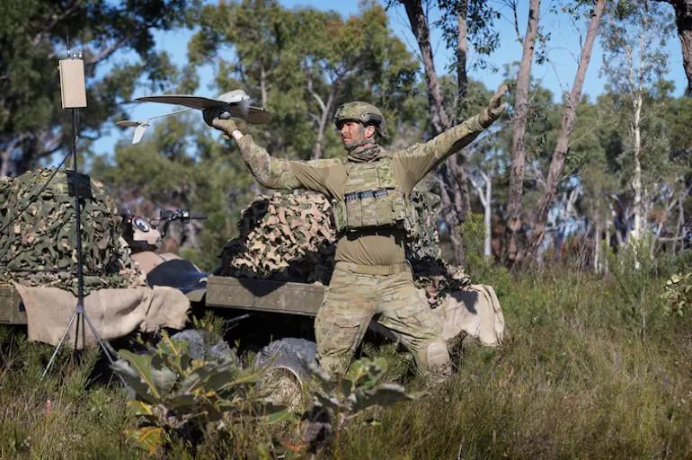 The government wants VCs to co-invest in a $1 billion defence industry fund Lance Bombardier Jarrod Logan, launches a Wasp unmanned aerial system