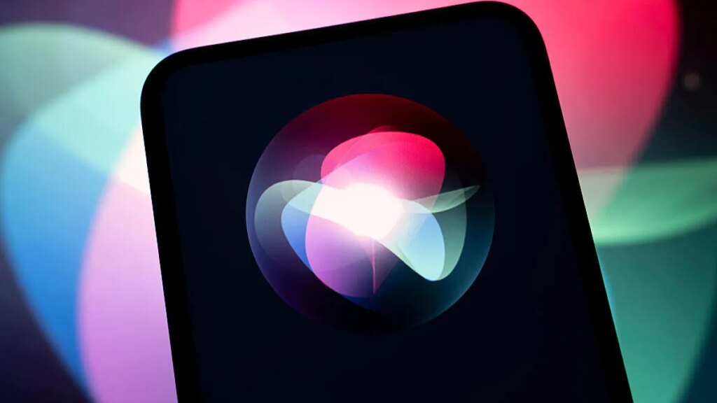 The Siri logo appears on a smartphone screen with the Siri logo in the background.