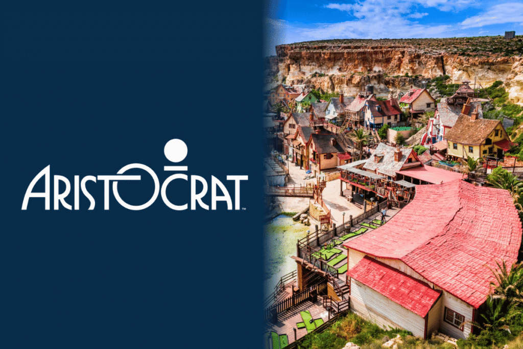 Aristocrat confirms closing Malta office, ending white label Aristocrat Interactive logo beside colorful Malta village and cliffs, representing iGaming company exit from Malta office and white-label operations closure