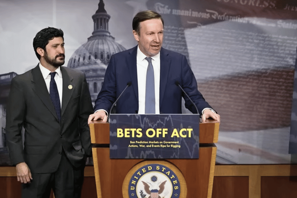 U.S. lawmakers Chris Murphy and Greg Casar announce BETS OFF Act targeting prediction markets on government actions at Capitol press conference.