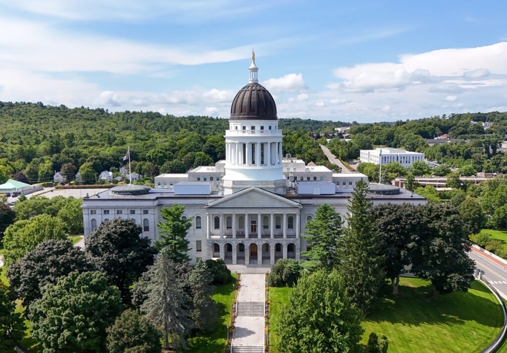 Maine bans online sweepstakes casino platforms statewide An exterior view of the Maine State House.