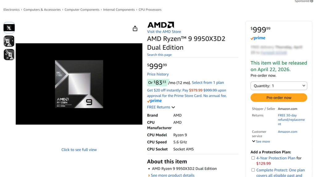AMD Ryzen 9 9950X3D2 appears on Amazon with $1,000 pre-order price — AMD confirms recommended pricing is still set at $899 Ryzen 9 9950X3D2 listing on Amazon.