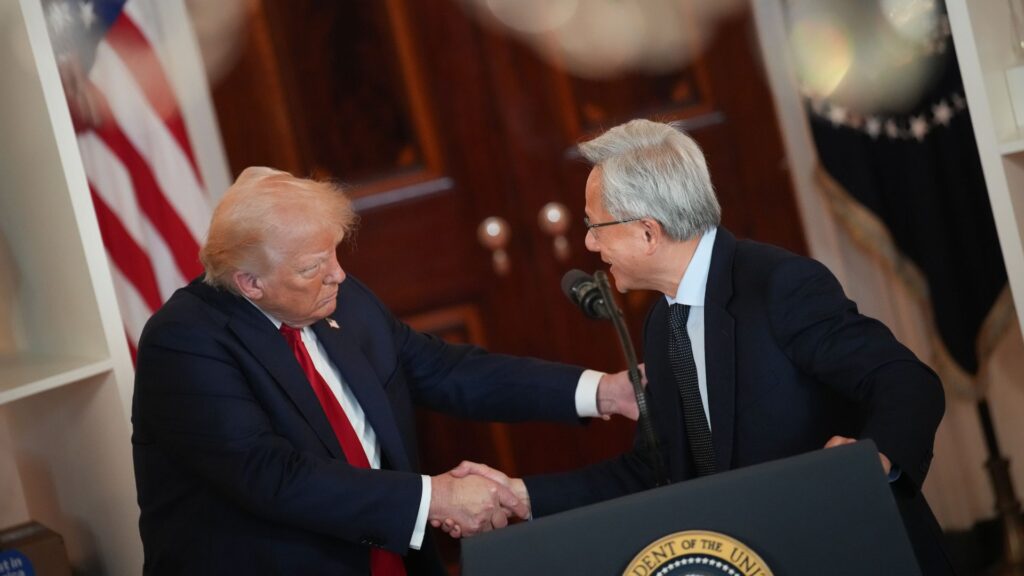 America’s AI chip rules keep changing — and the rest of the world is paying the price Trump and Jensen Huang shaking hands