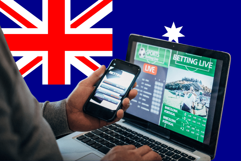 Australia gambling ads reform draws sharp criticism Australian gambling ads on mobile and laptop with sports betting interface and national flag background highlighting online wagering reform debate