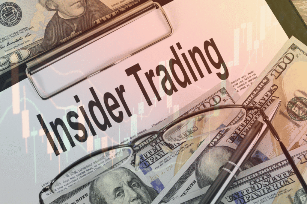 Insider trading concept with dollar bills, financial documents, glasses and pen, illustrating geopolitical insider trading, market manipulation, and prediction markets regulation risks