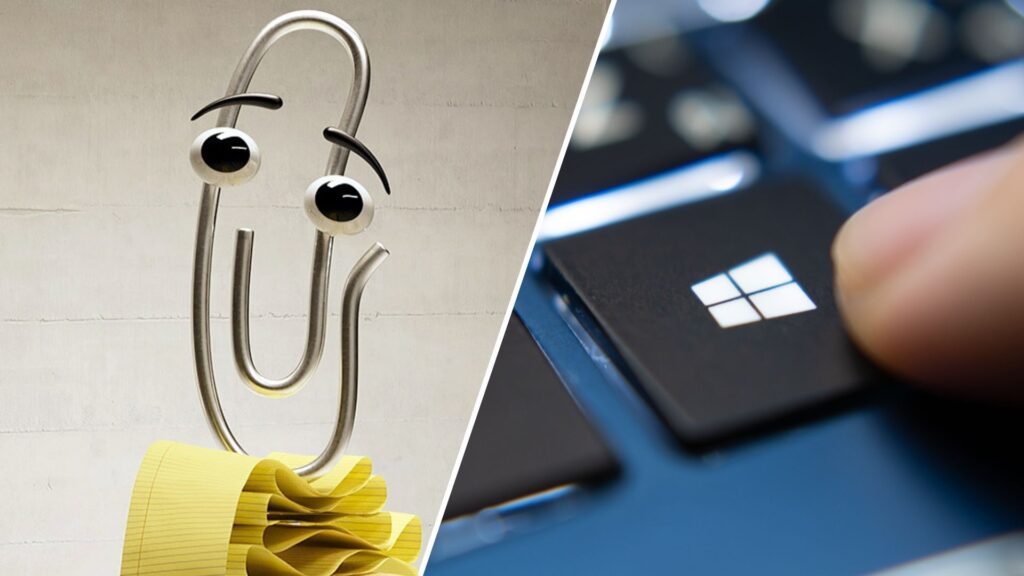 Forget Apple, try these Microsoft mastery challenges A split image shows Clippy from Windows beside a person pressing the Windows key on a PC keyboard