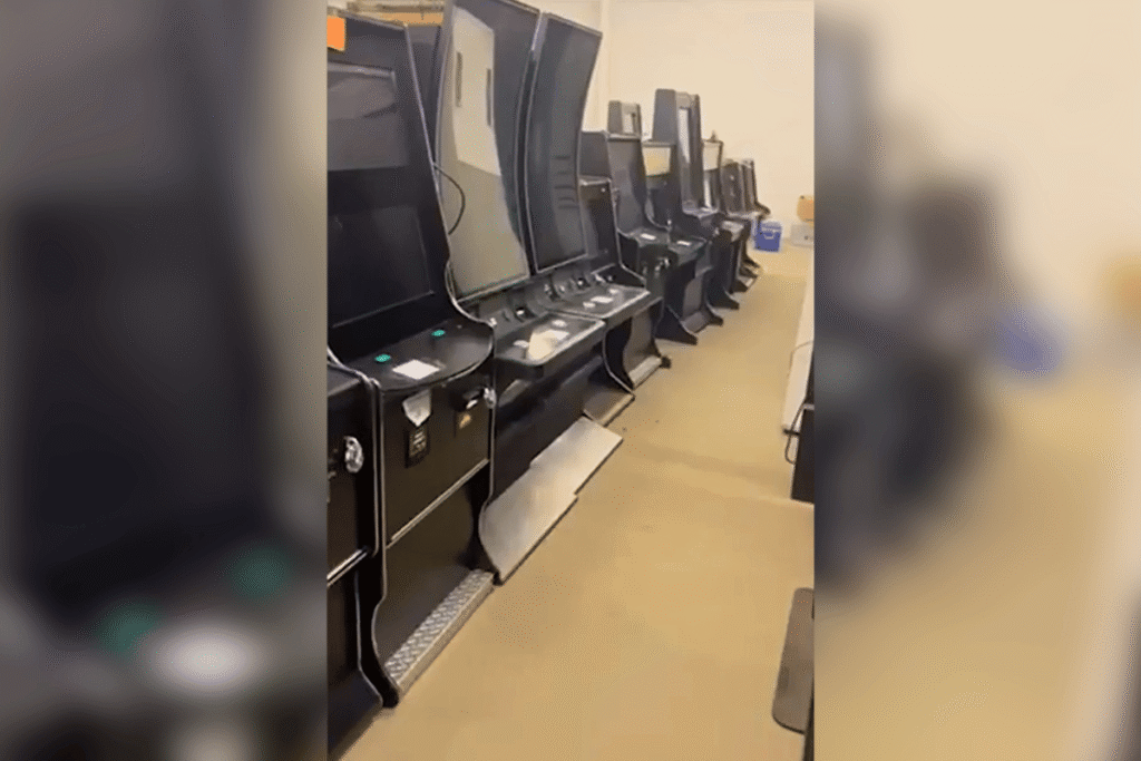 Two Pennsylvania amusement firms plead guilty in illegal gambling case. Row of seized illegal gambling machines in Pennsylvania storage room, slot-style devices lined up after law enforcement raid