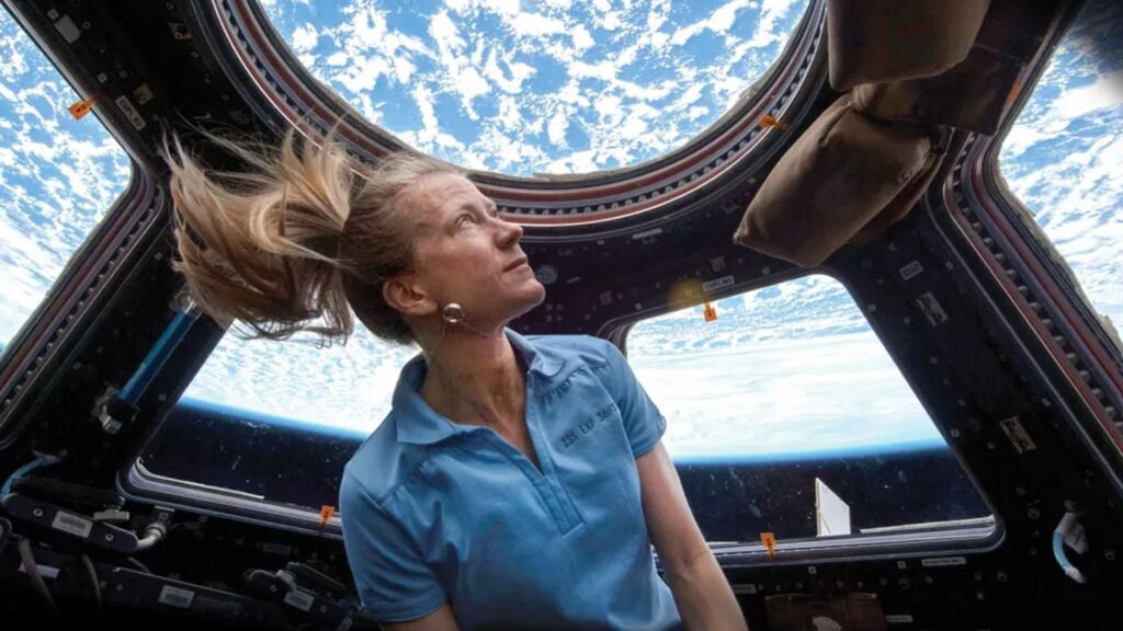 An astronaut in the ISS looking at Earth