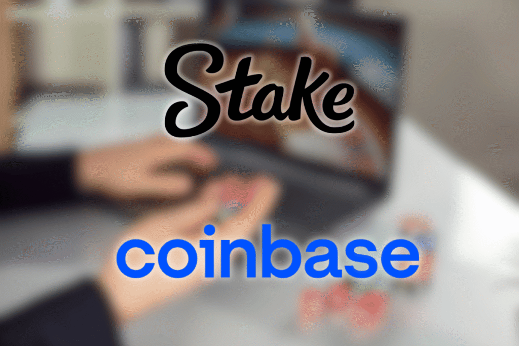 Stake and Coinbase logos over blurred online gambling scene with poker chips, illustrating New York lawsuit alleging illegal underage online casino gambling and crypto payments.