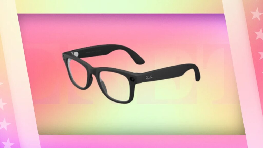 Apple’s Smart Glasses Reportedly Delayed Until Late 2027 Meta Ray Ban smart glasses against an abstract pink and pale yellow background