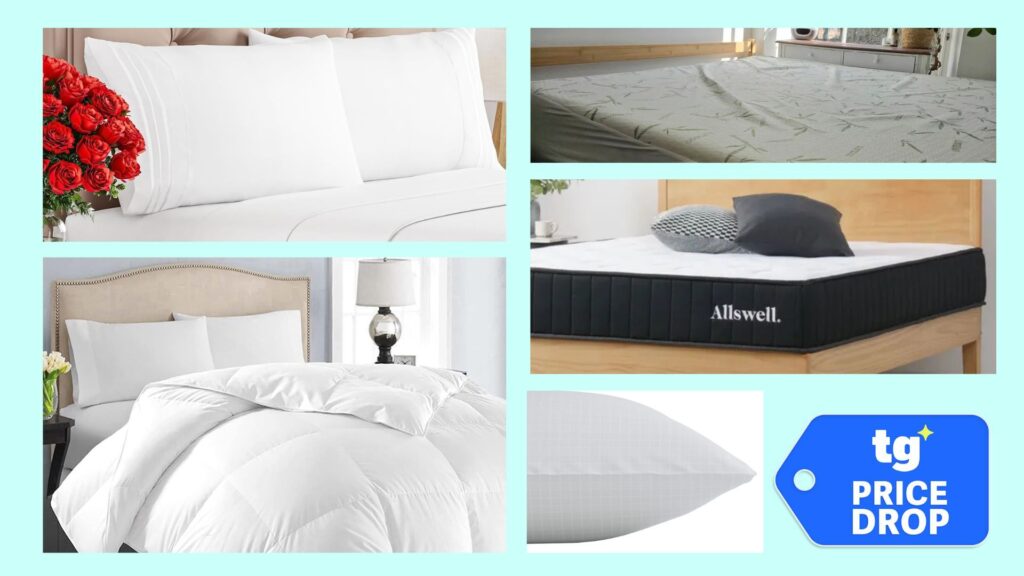 Build a hotel bed for under $400 with these top 5 Memorial Day mattress and bedding deals A collage of five pictures showing various pieces of hotel-style bedding. In the bottom right foreground, there is a deals badge.