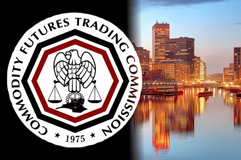 Federal agencies back Kalshi against Rhode Island Commodity Futures Trading Commission (CFTC) logo beside the Providence, Rhode Island skyline, illustrating the federal agency’s legal challenge over prediction markets, Kalshi event contracts, and state gambling law enforcement.