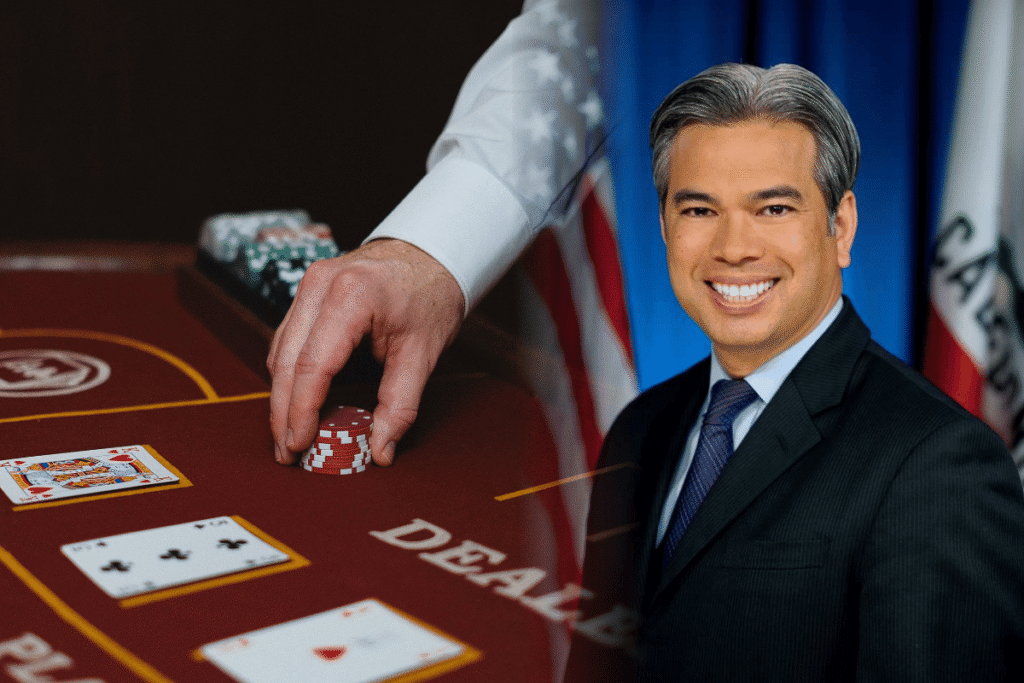 California judge halts AG Bonta’s cardroom gaming regulations California Attorney General Rob Bonta pictured beside blackjack table amid California cardroom gambling regulations legal dispute and industry backlash