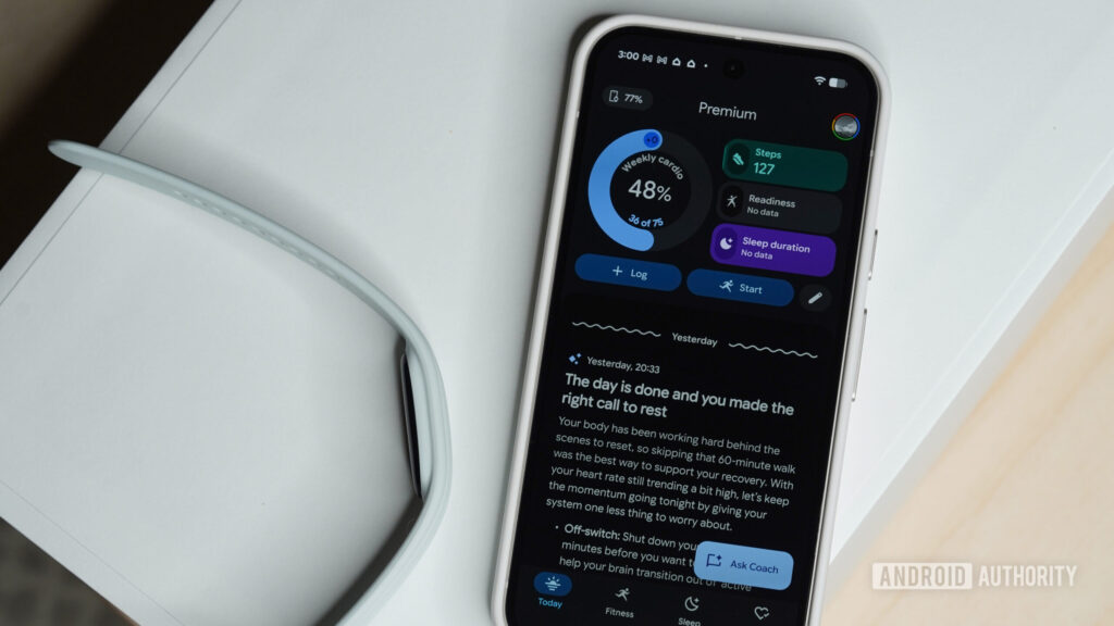 A Pixel 9 displays the new Google Health app.