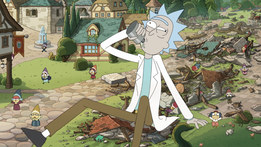 How to watch Rick and Morty season 9 online from anywhere A giant-sized Rick swigs from a grey bottle in his white lab coat in Rick and Morty season 9