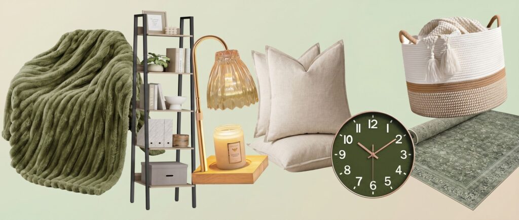 Home decor items on green and beige gradient background