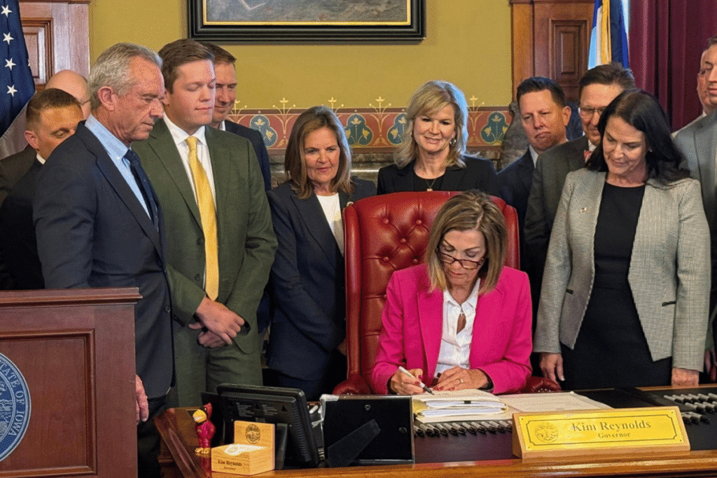 Iowa Governor Kim Reynolds signs Senate File 2289 expanding gambling enforcement and updating tax withholding rules in Des Moines.