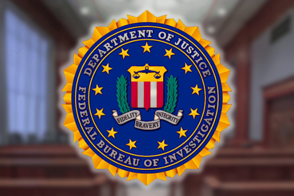 Justice Department contractor jailed after gambling phone proceeds FBI seal displayed inside courtroom during federal fraud investigation involving Justice Department contractor phone theft gambling scheme