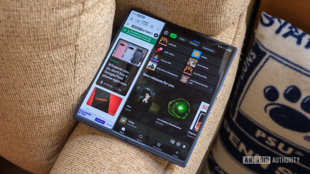 Spotify is letting creators build Patreon-style memberships inside the app Samsung Galaxy Z Fold 7 split screen spotify chrome