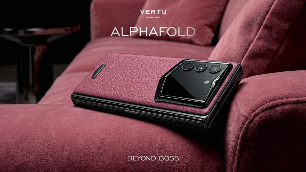 Marketing art for the new Vertu phone. The phone as a pink backing and sits on a leather pink seat of the same color.