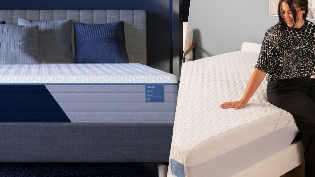 These two Nectar Classic mattresses are both under $800 for a queen — but which should you buy? The image shows a blue and white mattress on the left, placed on a grey bed base. Inset on the right, mattress tester Eve Davies sits on a similar blue and white mattress.