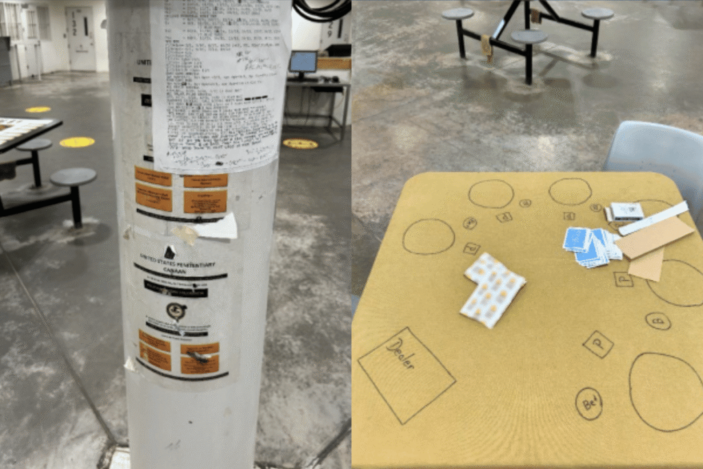 Justice Department inspectors documented gambling flyers and casino-style betting table setup inside USP Canaan inmate common area during 2025 inspection.