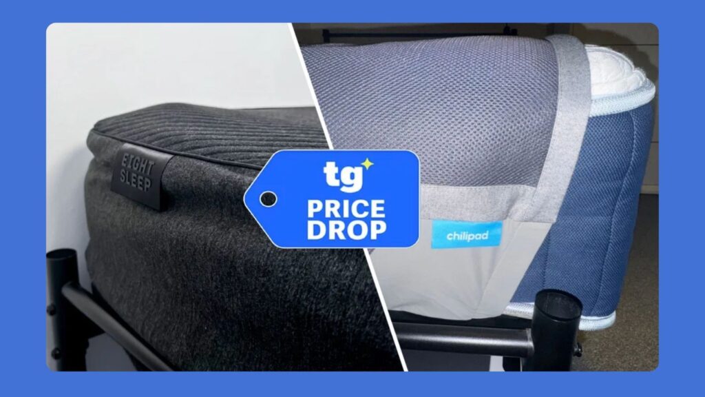 4 smart cooling mattress deals worth shopping this 4th July — save up to $1,500 Black Eight Sleep Pod on bed (left) vs Chilipad on navy mattress (right) with inset of Tom's Guide Price Drop in middle