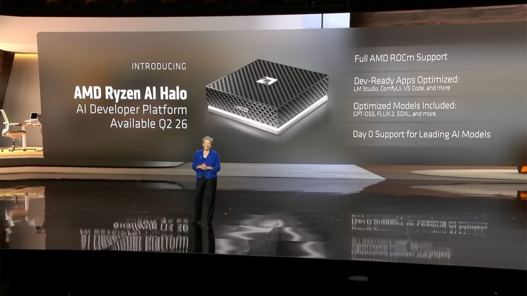 AMD challenges Nvidia’s DGX Spark with $3,999 Ryzen AI Halo with Windows 11 support — Strix Halo desktop undercuts Nvidia by $700, packs 128GB of unified memory Dr. Lisa Su, President, and Chief Executive Officer of AMD announcing the Ryzen AI Halo developer platform at CES 2026.