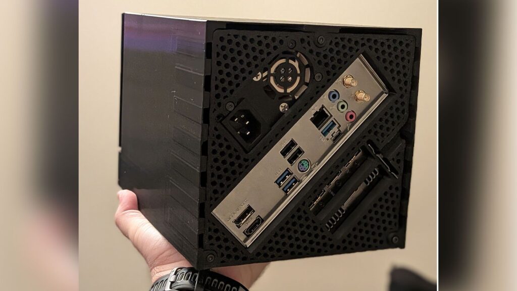 AMD engineer 3D-prints Steam Machine-a-like with diagonal mobo mounting — parts include a Mini ITX motherboard, RTX 5060, and a flex ATX PSU Terk Box v1.1