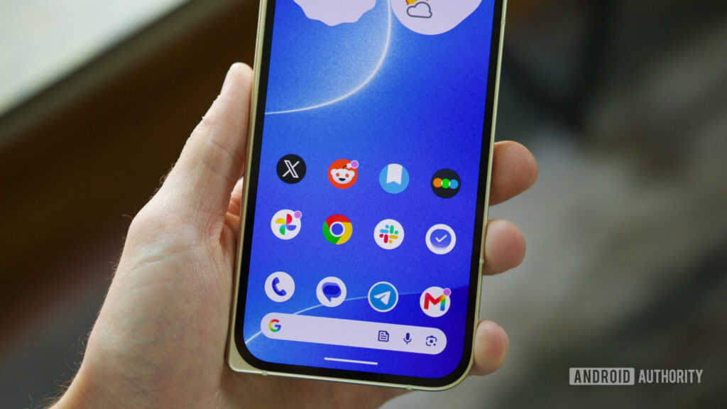Pixel phone running Android 17, showing apps on the home screen with no name labels.