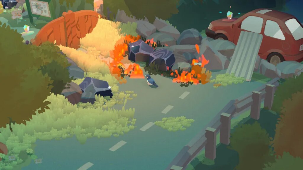 Bad Magpie Is a Delightful Game About Destructively Avoiding Your Emotions Gameplay where a bird is causing chaos. Here, everything is on fire as the bird looks on.