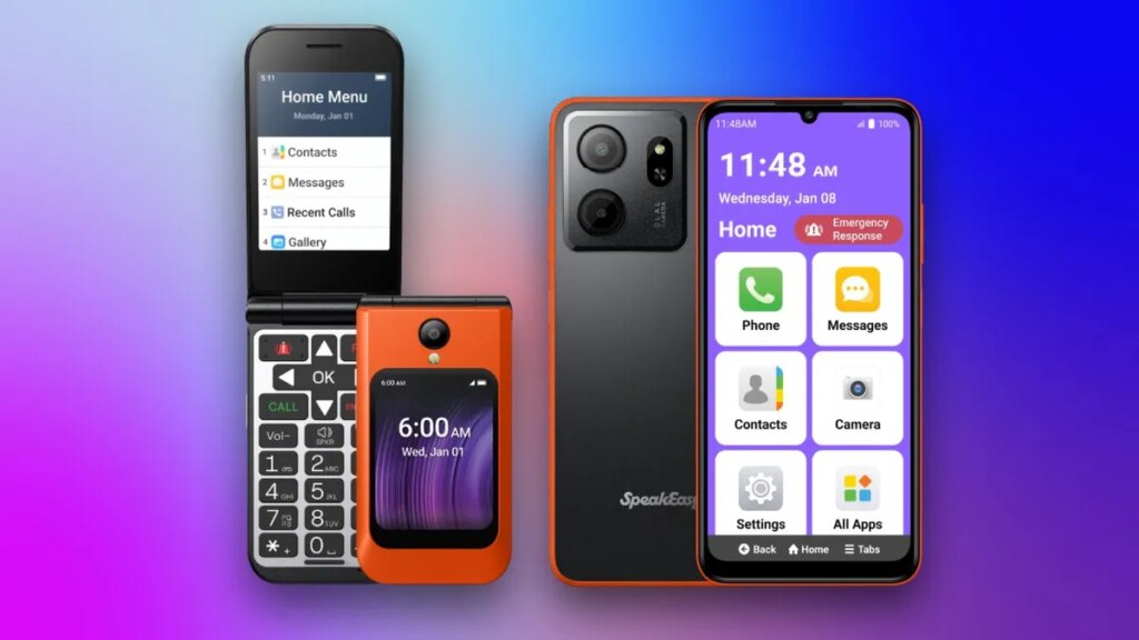 A flip phone and a smartphone designed for older customers.