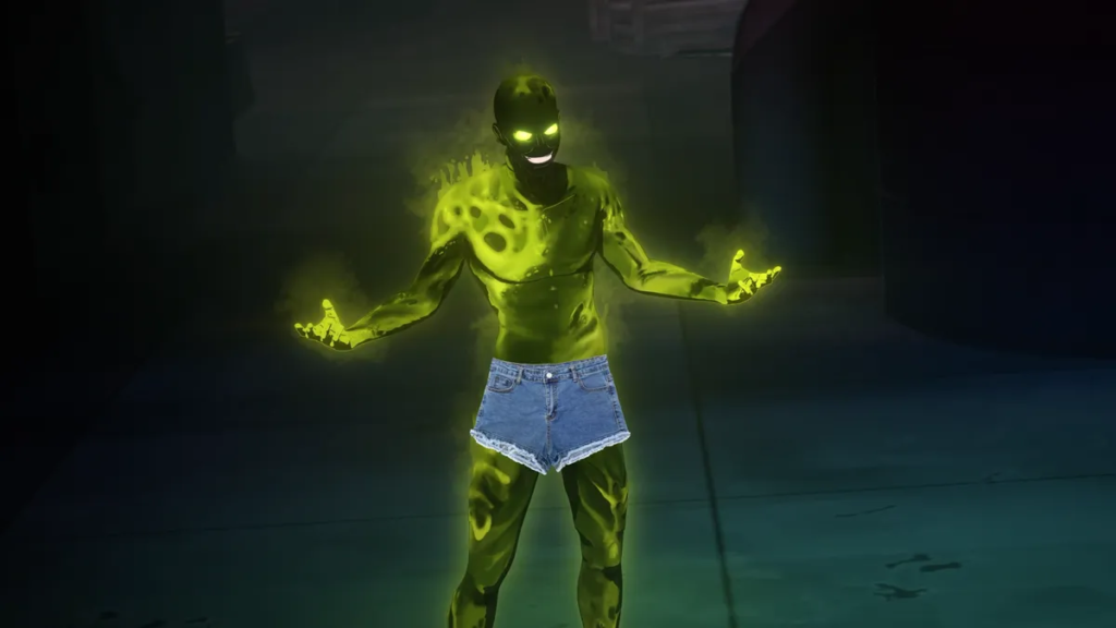 Dispatch Restores Censored Content on Switch 2 With New Update a great human character from the game dispatch is holding out his arms while a clearly photoshopper pair of jean shorts cover his groin area