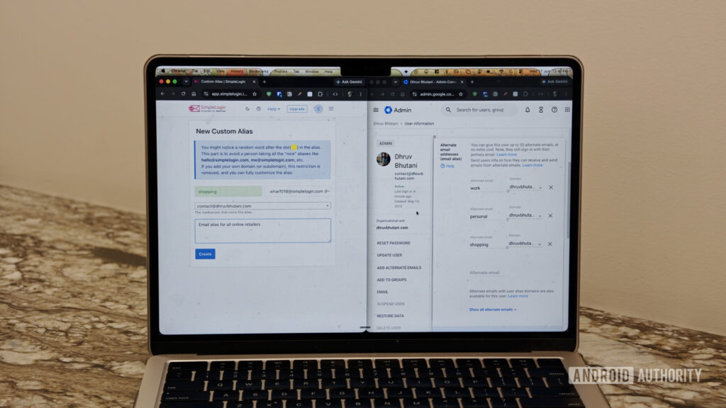Five reasons why I use an email alias, and you should too Email alias creation screen on laptop with Simple Login and Google Workspace open