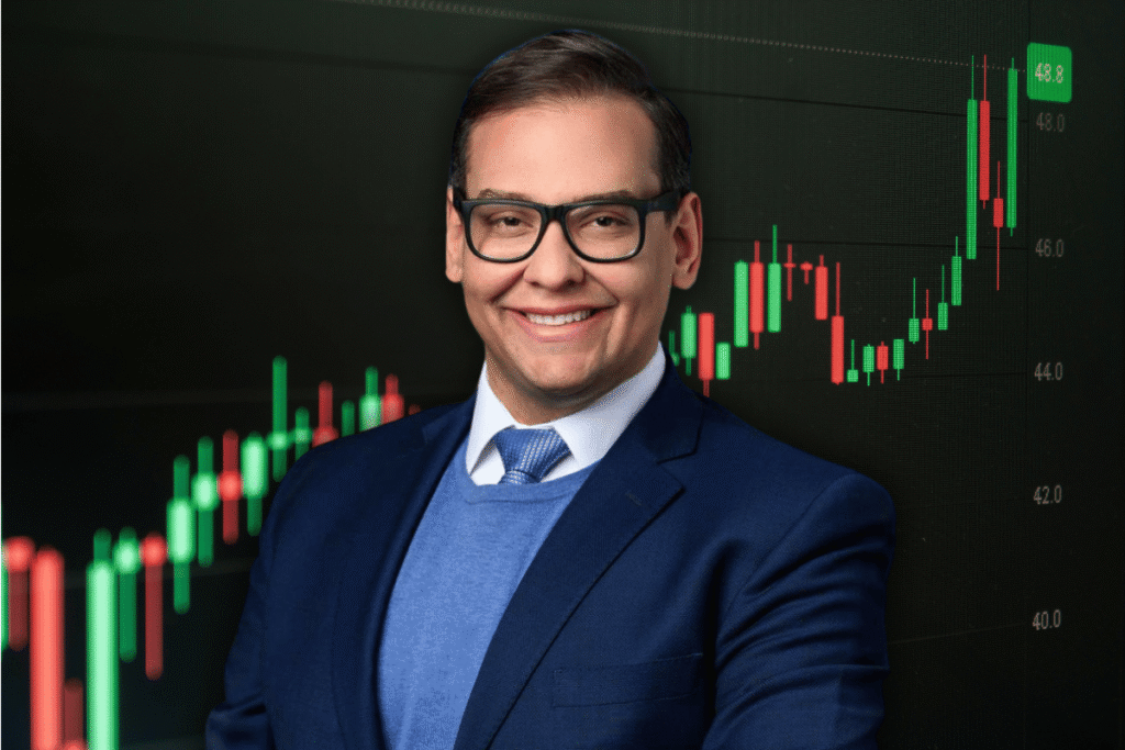 George Santos denies prediction market trade claims Former Rep. George Santos pictured in front of a rising financial trading chart, illustrating prediction markets, insider trading investigations, Kalshi betting activity, and growing regulatory scrutiny of political event markets.