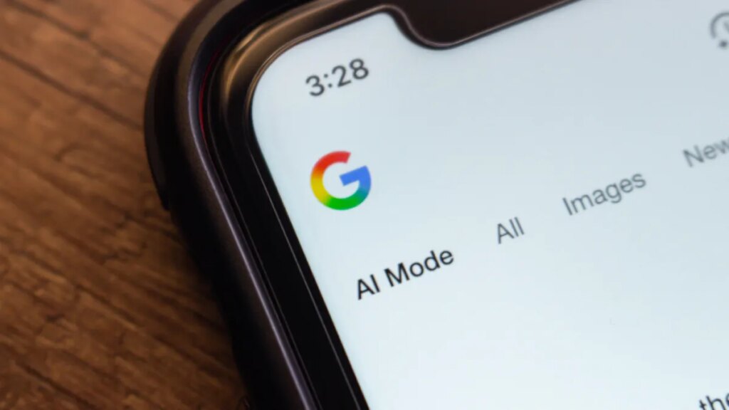 A close-up of a phone screen showing Google's AI Mode search.