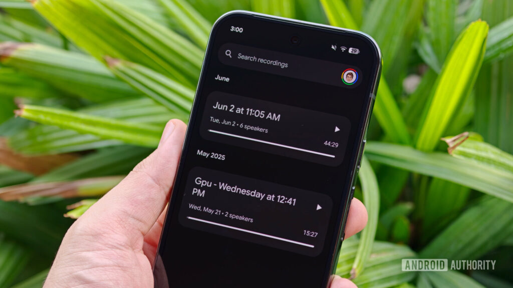 Pixel Recorder app showing recent recordings