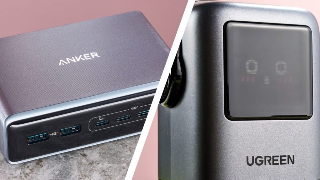 I’ve tested more than 20 chargers that can juice up your phone and laptop, and these are the 4 I still choose to use in my real life, including a portable power bank and a wireless charger Anker and UGreen beside one another on pink background