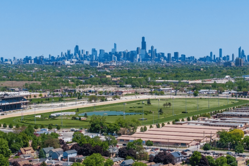 June deadline approaches for Hawthorne sale process Aerial view of Hawthorne Race Course in Stickney, Illinois, with the Chicago skyline in the background as the historic horse racing venue undergoes Chapter 11 bankruptcy proceedings and a June 26 sale process.