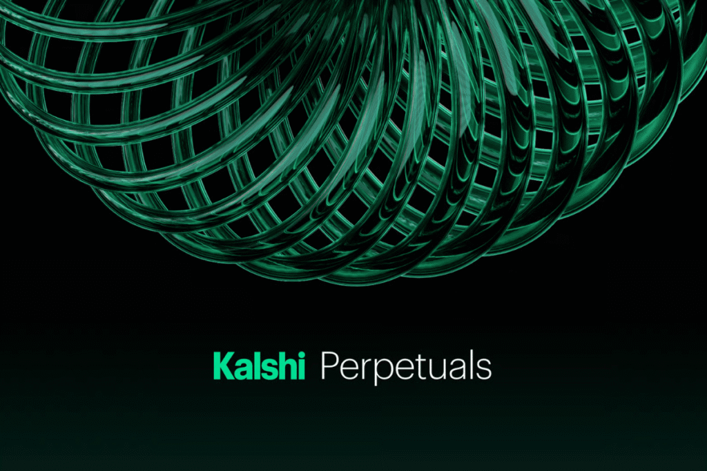 Promotional graphic for Kalshi Perpetuals featuring intertwined green abstract loops on a black background, announcing Kalshi’s launch of regulated crypto perpetual futures trading in the United States under CFTC oversight.