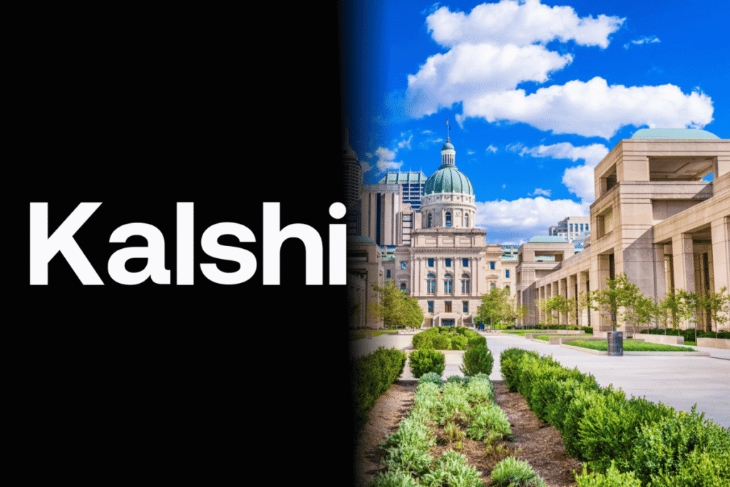Kalshi disputes report of Indiana trading investigation Kalshi prediction market platform logo beside the Indiana Statehouse in Indianapolis, illustrating the dispute over alleged insider trading claims involving Indiana political election markets. Kalshi denies Banks and Ireland Indiana probe amid insider trading scrutiny